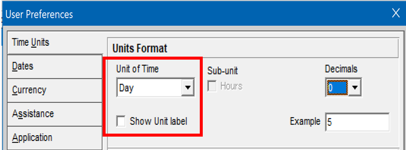 P6 User Preferences - Unit Format set to Day
